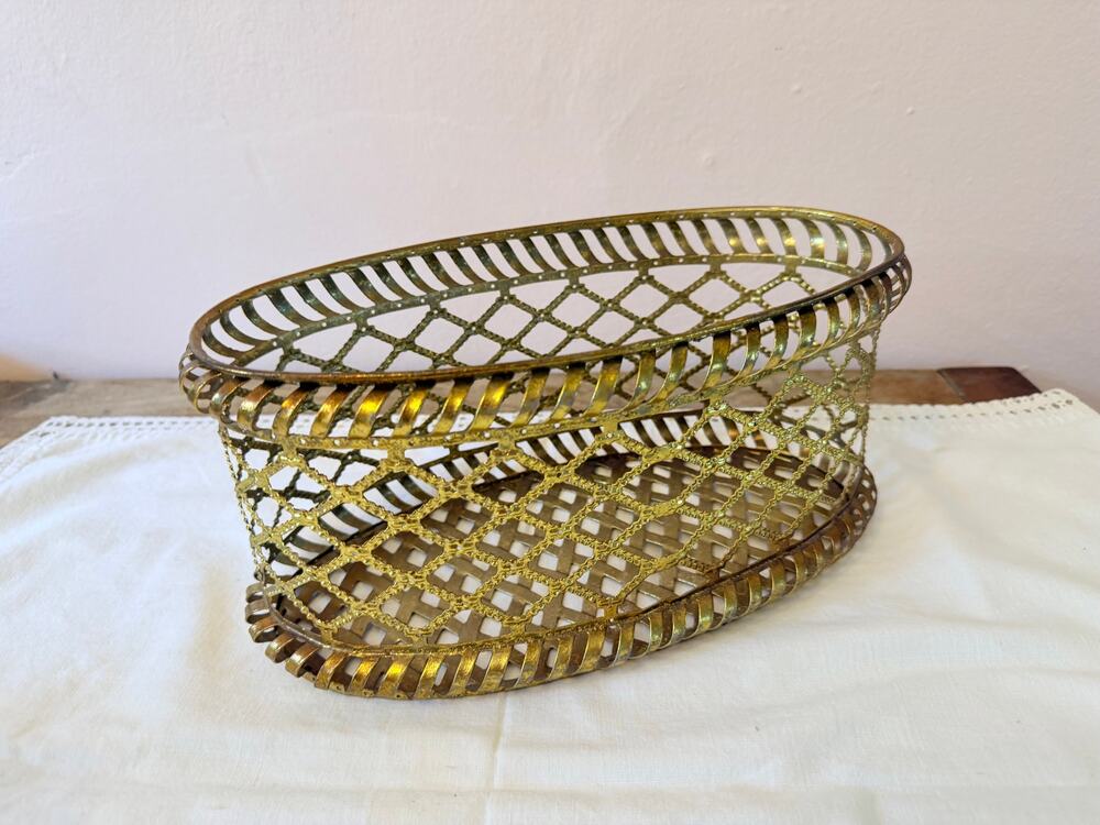 Vintage Gilt Metal Openwork Basket Oval Hollywood Regency Gold Lattice Decor
